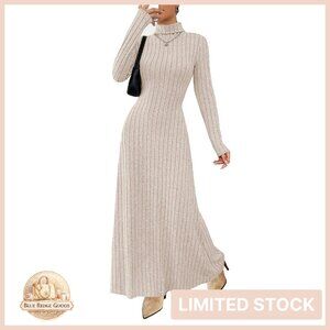 Ribbed Knit Maxi Dress Elegant Bodycon Fall Winter Casual Turtle Neck